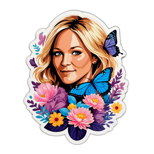 Elegant klistermærke af Helene Fischer omgivet af blomster og sommerfugle