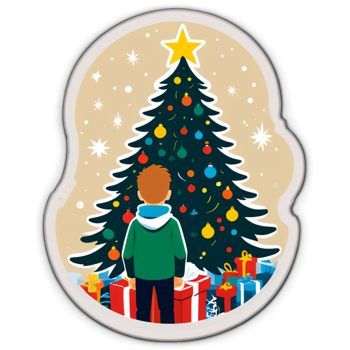 Een sticker van een Home Alone-scenario met een jongen die naar een kerstboom kijkt, vol verwondering en vreugde.