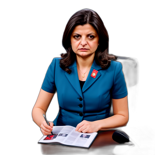 Маргарита Симоньян с книгой новостей на фоне телевизионного экрана и микрофонов