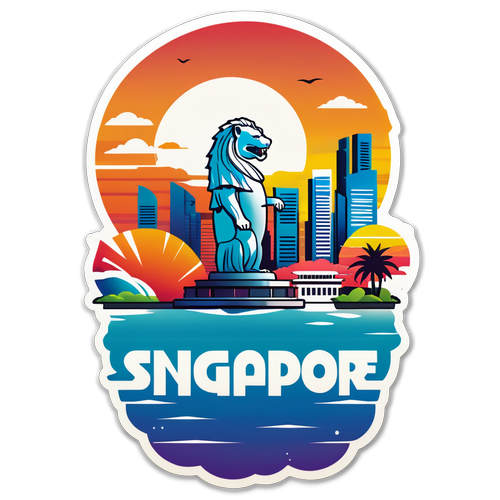 Minimalistní panorama města Singapur s Merlionem při západu slunce