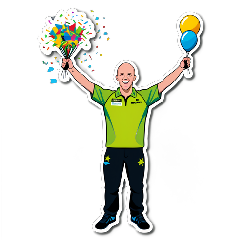 Illustratieve sticker van Michael van Gerwen met grote overwinning en confetti