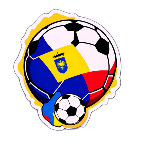 Sticker cu hartă a României și Bosniei, conectate printr-o minge de fotbal