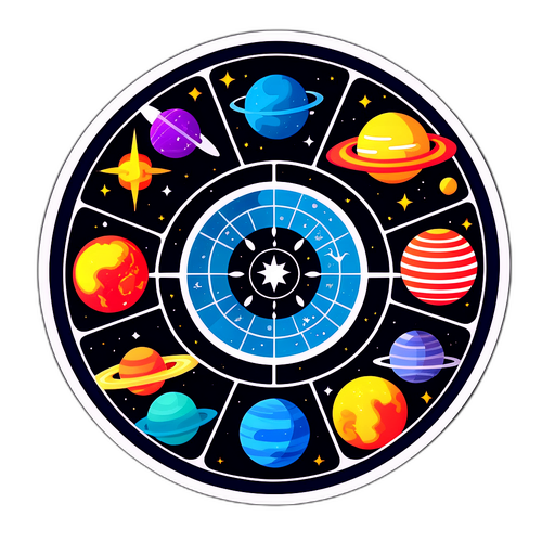 Футуристичный дизайн, сочетающий знаки зодиака с элементами космоса и вселенной