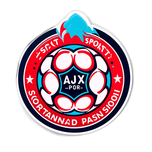 O etichetă cu mingea de fotbal Ajax, având o aură puternică, cu textul: „Sport și pasiune!”
