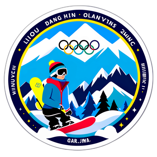 Adesivo invernale festivo con attrezzatura da snowboard e anelli olimpici