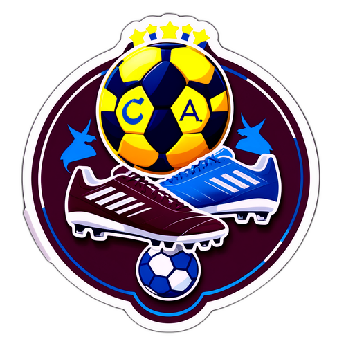 Samolepka kombinující prvky Aston Villa a M. Tel Aviv, včetně stylizovaných kopaček a míče