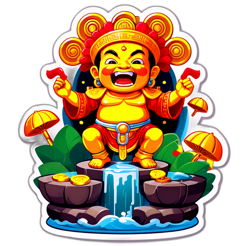 孩子被财神雕像困住的幽默场景