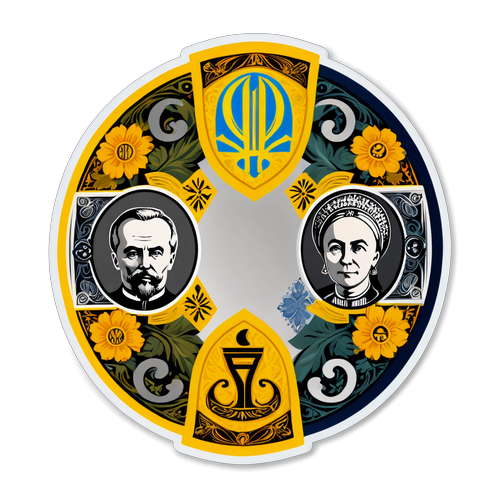 Дизайн наклейки з гривнею та доларом на фоні українських мотивів