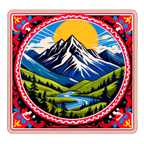 Aufkleber aus Georgien mit den Tsitsminda-Bergen und folkloristischen Elementen