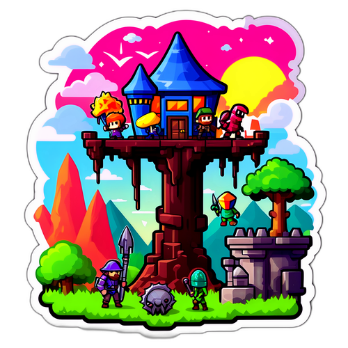 Isang Cartoonish na Sticker ng mga Tauhan sa Terraria na Nagtatayo at Lumalaban