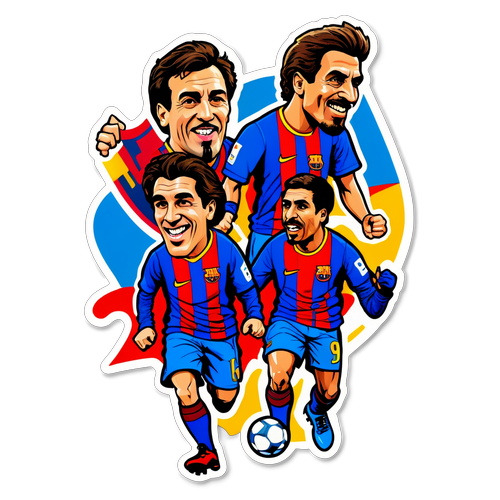 Diseño de una pegatina para el FC Barcelona con caricaturas de jugadores icónicos y el lema "Historias Legendarias"