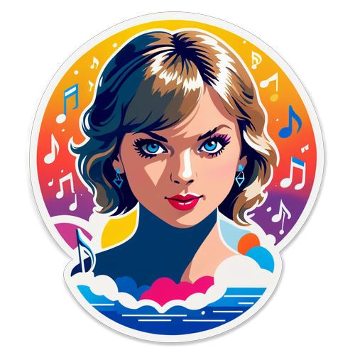 Colorful Illustration of Taylor Swift with Musical Notes and Sunset