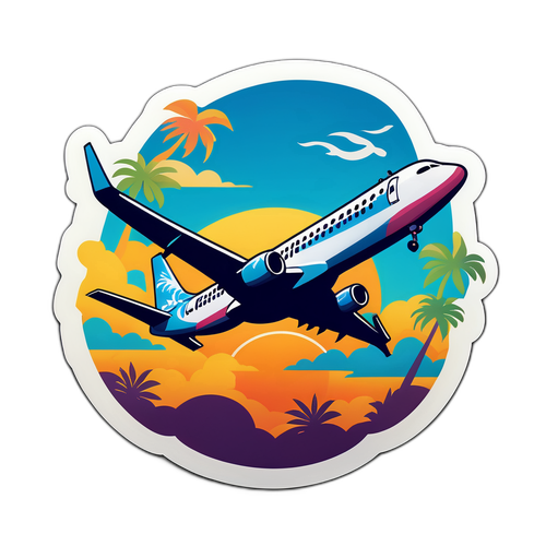 Avion Air Caraïbes avec motifs tropicaux au coucher de soleil