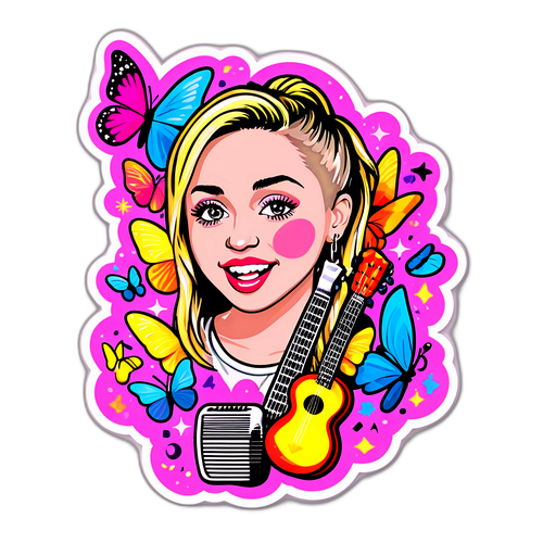 Sticker Glitterato di Miley Cyrus con Farfalle e Strumenti Musicali