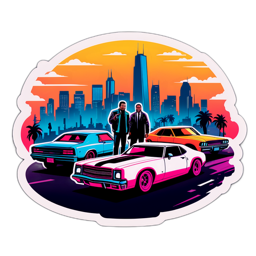 Загадочный стиль GTA 6: городской пейзаж с силуэтами персонажей и автомобилей