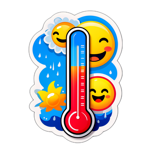 Nhãn dán nhiệt độ với nhiệt kế hoạt hình và biểu tượng cảm xúc