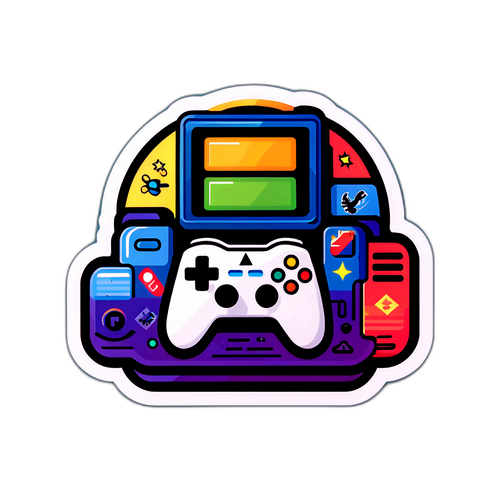 Un autocolant cu o consolă de jocuri și jocuri iconice în fundal