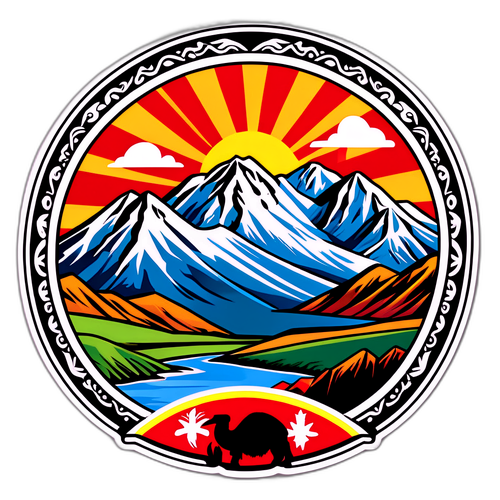 Artistieke sticker van Kirgizië met berglandschappen en traditionele cultuur