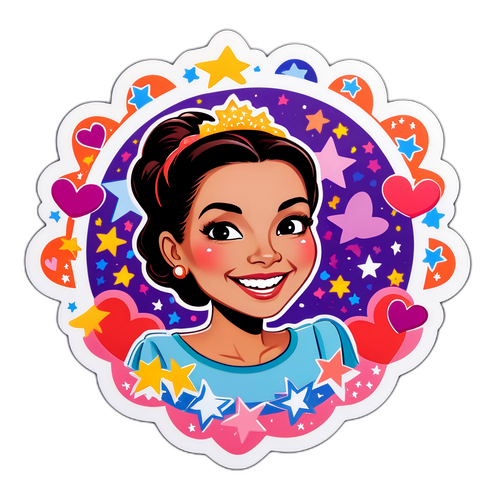 Sticker de Virginia Gallardo sonriendo, con un marco de corazones y estrellas