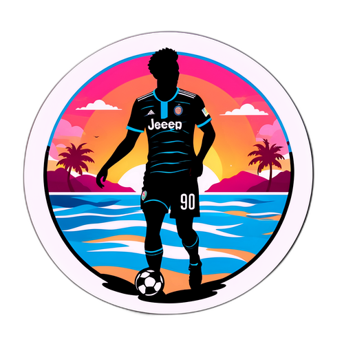 Sticker mit silhouettenhaftem Fußballspieler von Inter Miami vor spektakulärem Sonnenuntergang am Strand