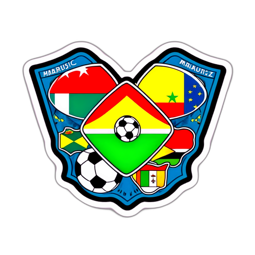 Sticker inayoonyesha bendera za Mauritius na Zimbabwe pamoja na vipengele vya mpira wa miguu