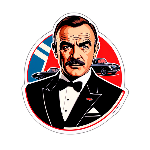 Retro stylowy sticker honorujący Seana Connery'ego jako ikonicznego 007