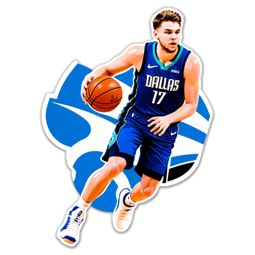 Autocollant représentant Luka Doncic dribblant sur un terrain de basket avec le logo des Dallas Mavericks en arrière-plan