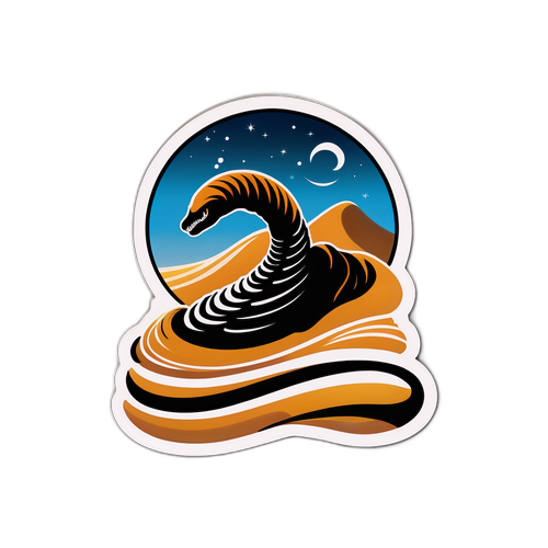 Un sticker cu siluetele dunei de nisip și a unui șarpe de nisip, simbolizând universul Dune