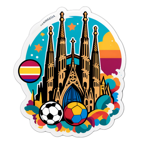 Μία funky αυτοκόλλητη εικόνα της διάσημης Σαγράδα Φαμίλιας της Βαρκελώνης με στοιχεία ποδοσφαίρου