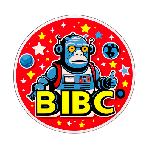 Retro stylové BBC nálepky s ikonickými postavami populární kultury tvořícími písmena BBC