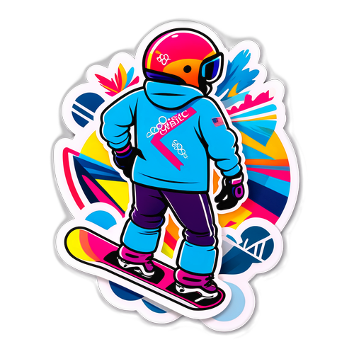 Ein Aufkleber mit lebendigen Farben, der einen Jersey-Schnitt und Snowboard-Zubehör kombiniert, um den olympischen Geist zu feiern.
