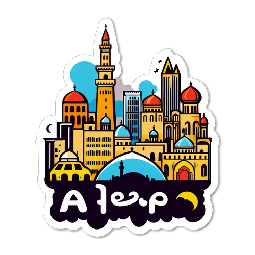 Sticker einer urbanen Panoramaansicht von Aleppo, umgeben von kulturellen Symbolen