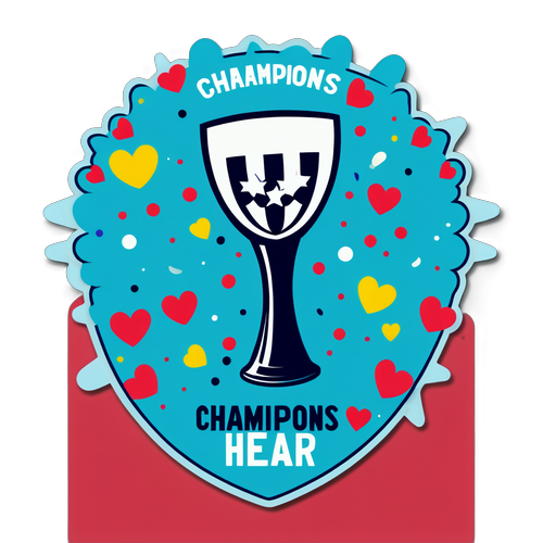 Ilustración de una copa de fútbol con confeti y la frase 'Campeones del corazón'