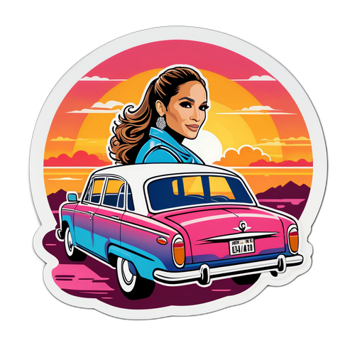 Autocolant cu Jennifer Lopez în vehicul retro cu fundal de apus