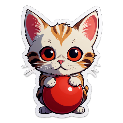 宽眼睛的小猫和红色玩具球