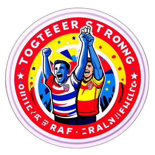 Een sticker van een RAFC-supporter die juicht in een kleurrijk stadion