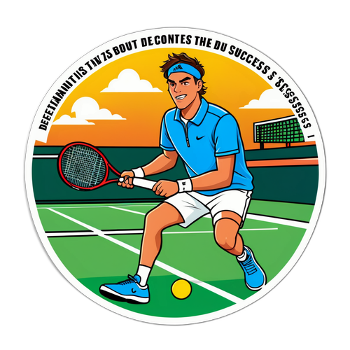 En tennisbane scene klistermærke med inspirerende citater om beslutsomhed og succes