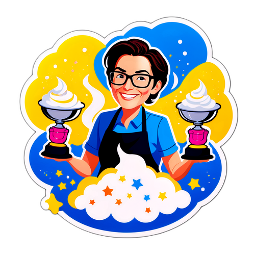 En glad illustrasjon av Sue Perkins i et bakekonkurranse