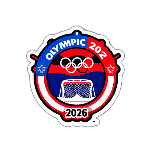 Hockey-Puck fliegt ins Tor mit Olympischen Ringen 2026