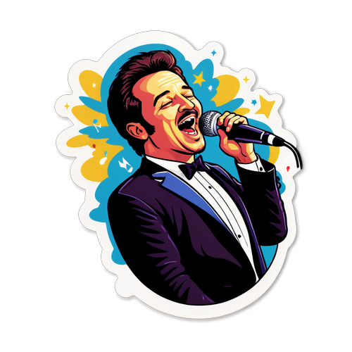 A sticker with Ștefan Bănică cântând, cu textul "Magia muzicii live!"