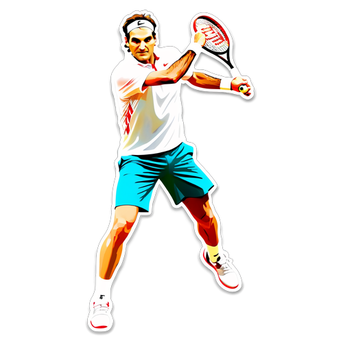 Aufkleber von Roger Federer und seinem berühmten Aufschlag auf einem Tennisplatz-Hintergrund in den Schweizer Nationalfarben