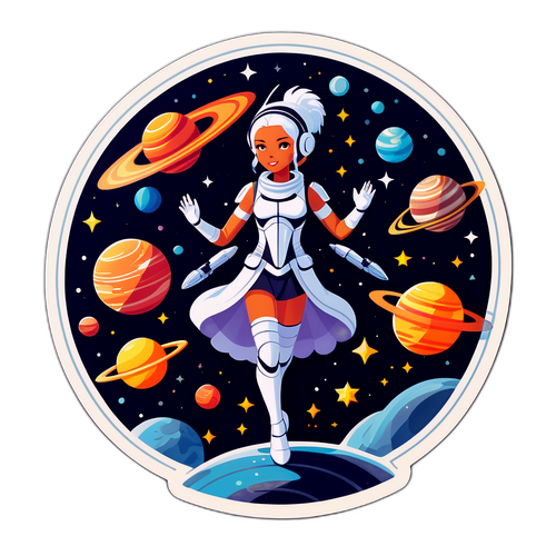 Autocollant futuriste représentant Artemis avec des planètes et des vaisseaux spatiaux en action