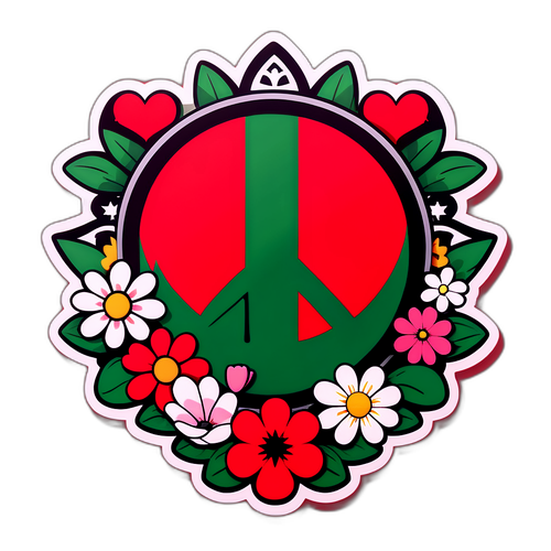Symbol míru s palestinskou vlajkou a květinovou výzdobou