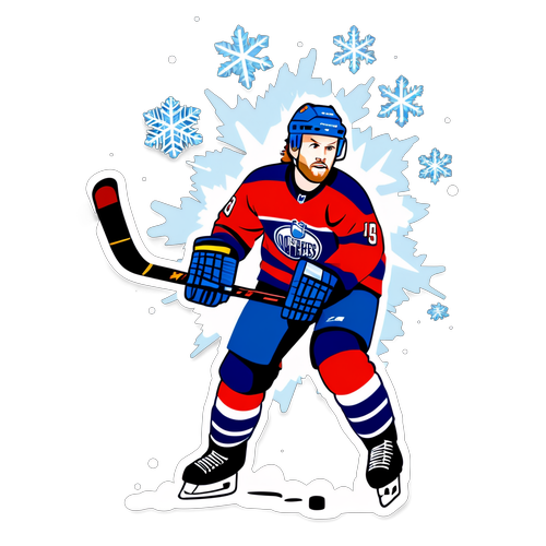 Adam Larsson i en explosiv hockeypose, omgiven av snöflingor