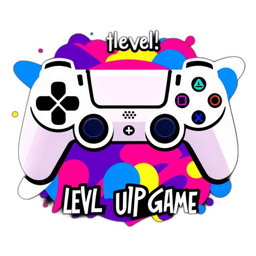 Design en farverig klistermærke med PlayStation 5 og spillekontrollere