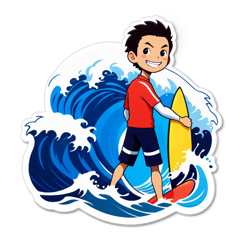 石川県の海で波を楽しむキャラクター