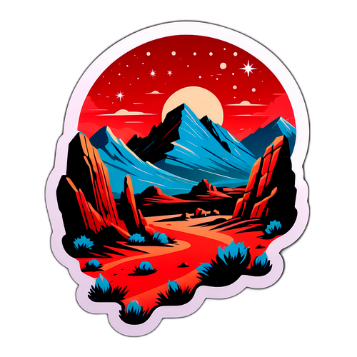 Стикер с красивым видом марсианского пейзажа с красными скалами и звездами