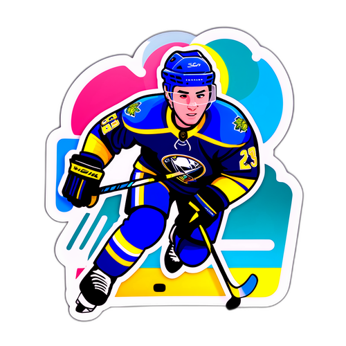 Design samolepky s portrétem Quinna Hughese v akčním póze na ledě