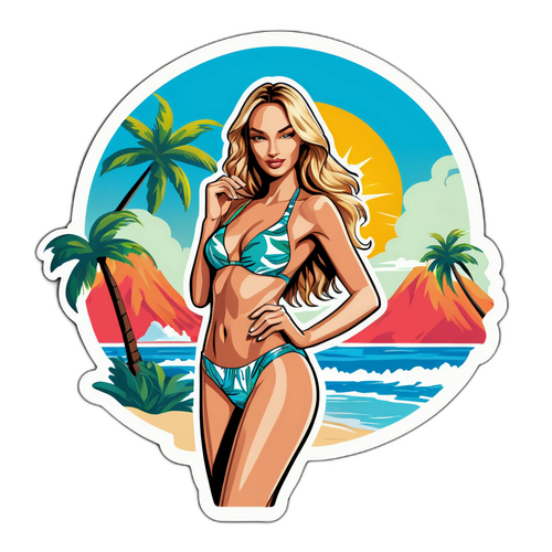 Una pegatina de una hermosa modelo en la playa tropical
