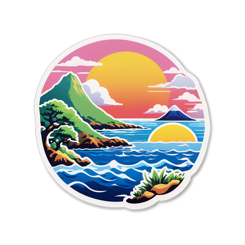 糸島の壮麗な風景を背景にした楽しい海と自然のステッカー